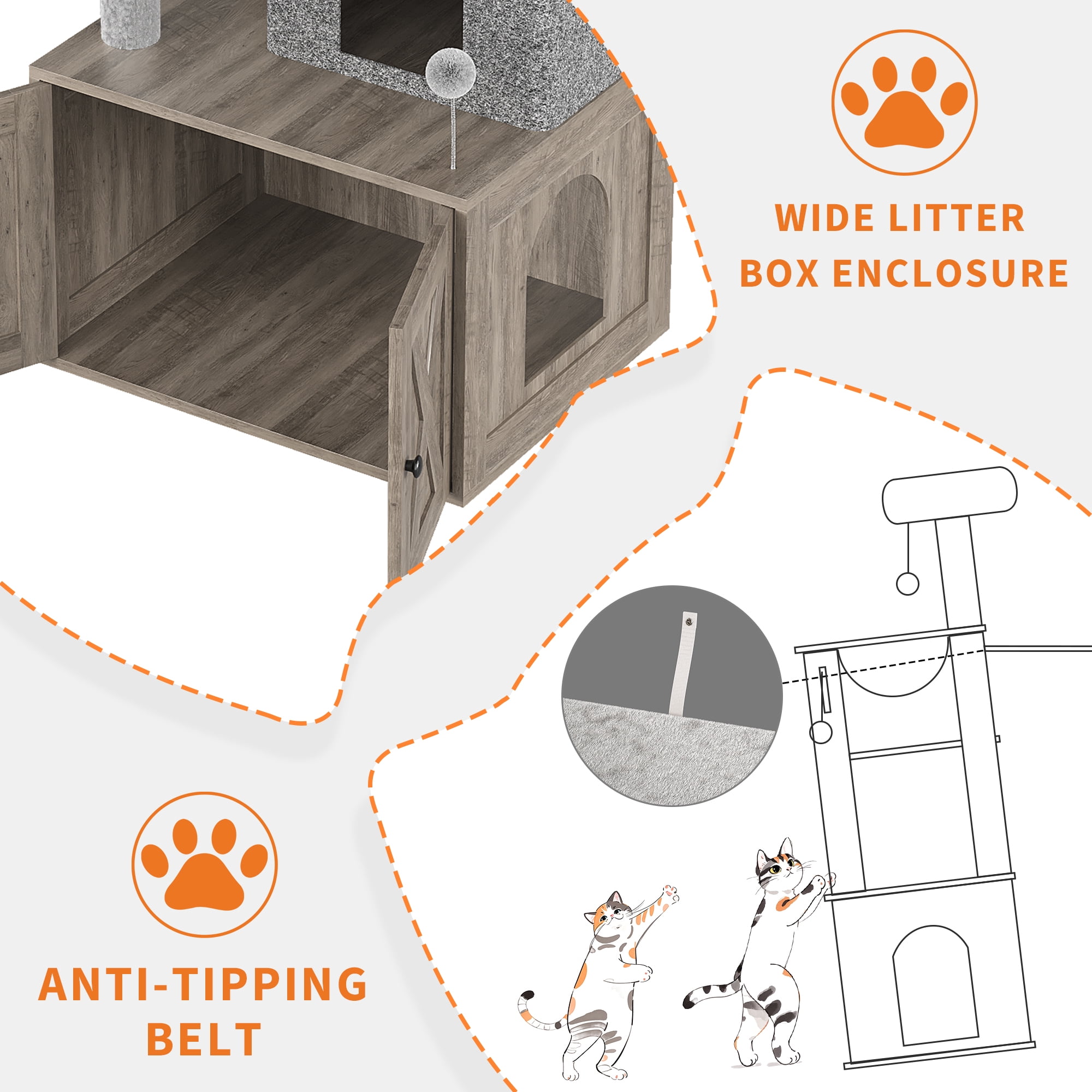 Accreate 2-in-1 Cat Tree with Hidden Litter Box Enclosure, Multi-Level Cat Tower with Scratching Post and Dangling Balls, Spacious Hammock, Indoor Cat Condo