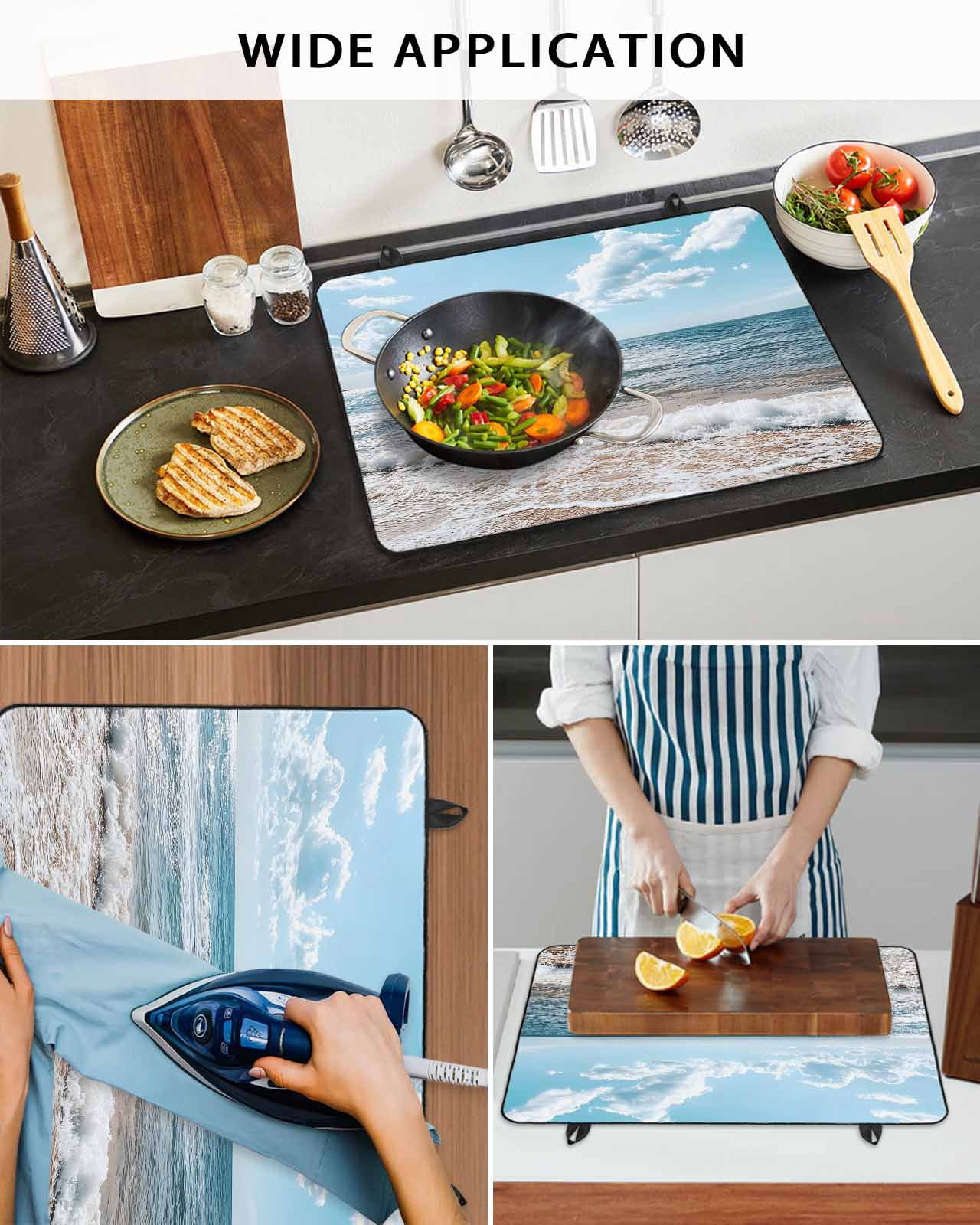 nqOlkjepod Large Induction Cooktop Protector Mat 36"x21", Ocean Stove Top Covers for Electric Stove, Summer Sandy Beach Blue Sky Coastal Waves Stove Burner Cover Mats, Glass Top Stove Cover