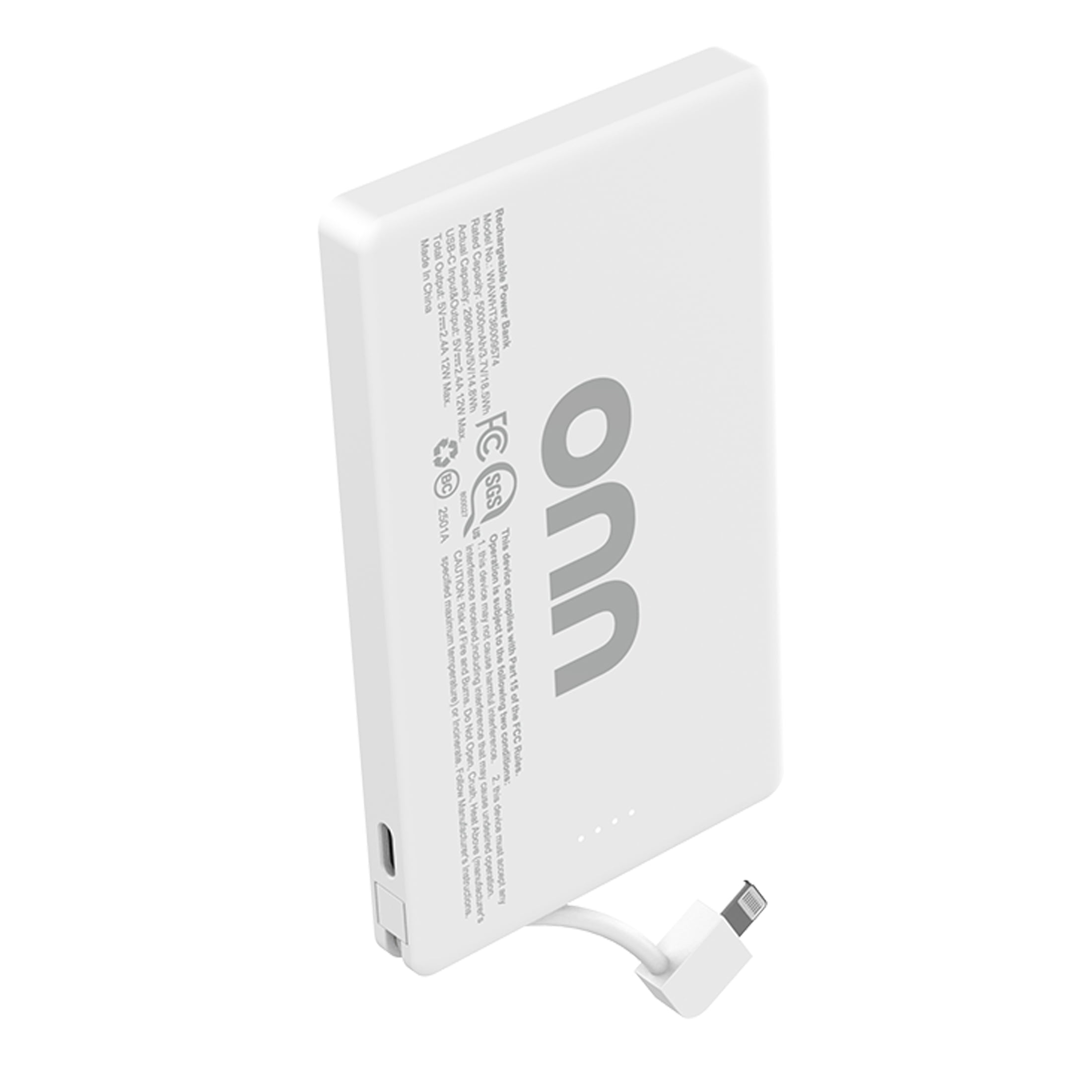 onn 5,000 mAh Portable Power Bank with Built in Lightning Cable, MFI Certified, Mag-Attach Ring, White - Compatible with iPhone 14/13/12/11/X/XR/XS/8/7/6/5, iPad, Airpods and more (Cable Charge only)