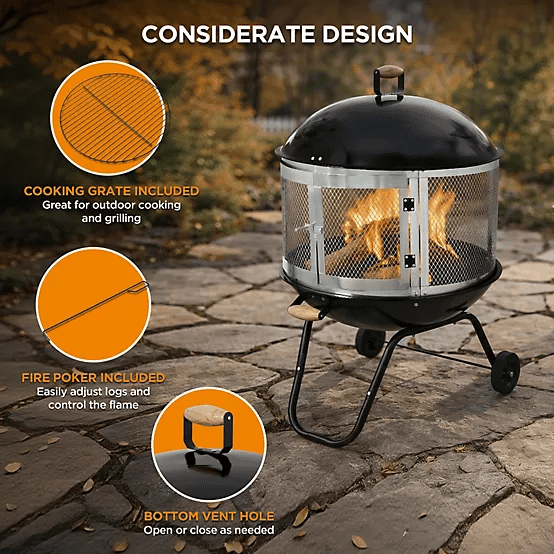 Red Mountain Valley 28" Portable Wood Burning Fire Pit with Wheels, Spark Screen, Cooking Grate & Poker, Round Outdoor Steel Firepit for Patio Backyard Camping