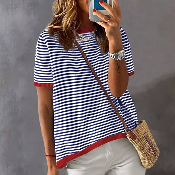 Summer Tops Casual Crewneck Short Sleeve Striped Knitted T Shirt Running Shirt Women Women Casual Tee T Shirt Womens Oversized Tee Shirts Workout Shirts Women Women's Long Sleeve Tee Shirts Woman's
