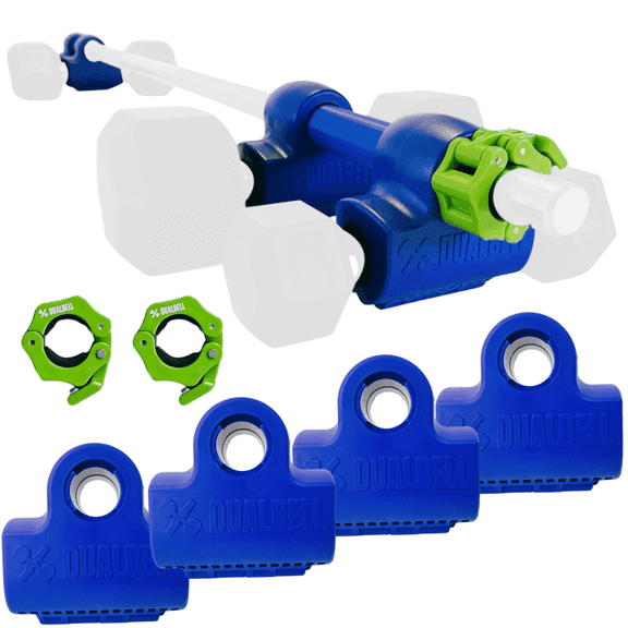 DUALBELL Dumbbell Barbell Converters -Versatile Dumbbell Converter for 1" Standard Bars, Convert Dumbbells to Barbell, 500lb Capacity, Secure Fit for Home Gym, Blue Superset w/Green Weight Collars