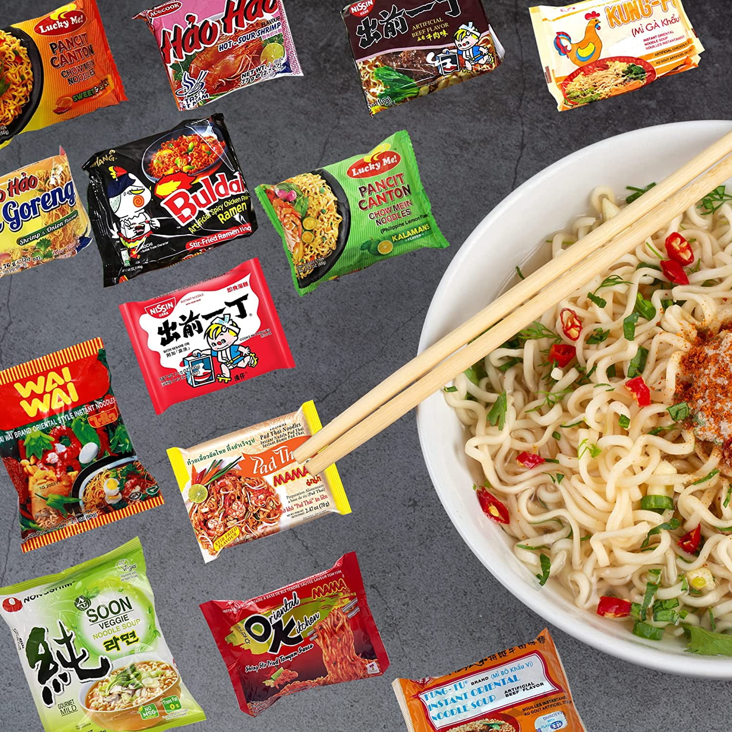Variety Asian Instant Ramen Bundle | Samyang, Nissin, Nong-shim, Mama, Ve Wong, Wai Wai, Lucky Me, Acecook | Free Snacks Included | 8 Packs