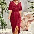thumbnail image 7 of Wycnly Dresses for Women 2025 Party Prom Formal Ruched Irregular Wrap Hem Knee-Length Dresses Short Sleeve V-Neck Solid Summer Midi Sun Dress Wine S, 7 of 7