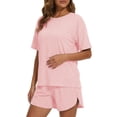 thumbnail image 4 of Mecto Women's Classic Striped Pajama Set Short Sleeve Round Neck Soft Stretchy Breathable Sleepwear with Side Slit Shorts Size XL, 4 of 6