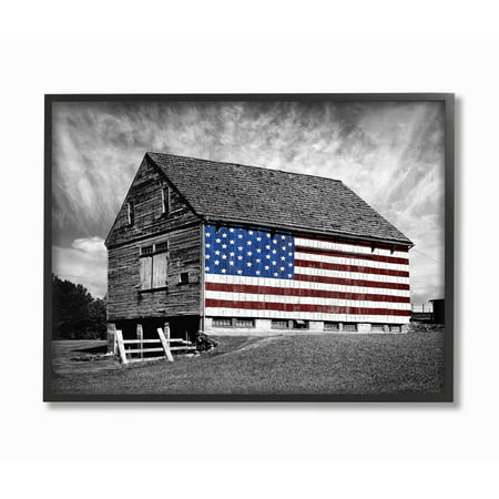 The Stupell Home Decor Collection Black and White Farmhouse Barn American Flag Oversized Framed Giclee Texturized Art, 16 x 1.5 x (Best Wood For Framing A House)