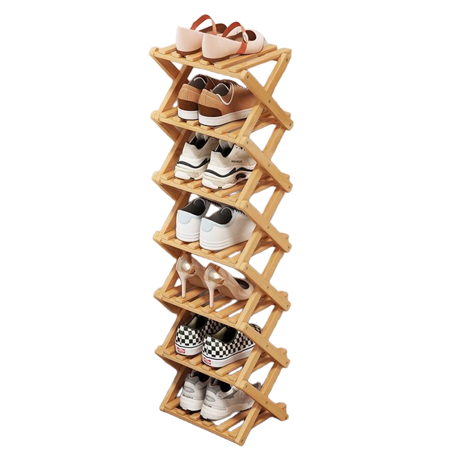 JUANYU Shoes Rack Organizer,Multi Tier Wooden Foldable Storage Rack for Home Shoe Storage with Durable Cross Structure,7-Tier,Natural