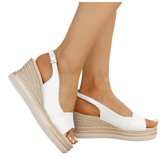 Womens Wedge Sandals Peep Toe Espadrilles Fashion Splice Leather Slingback Platform Heels Casual Summer Footwear White Size 8.5