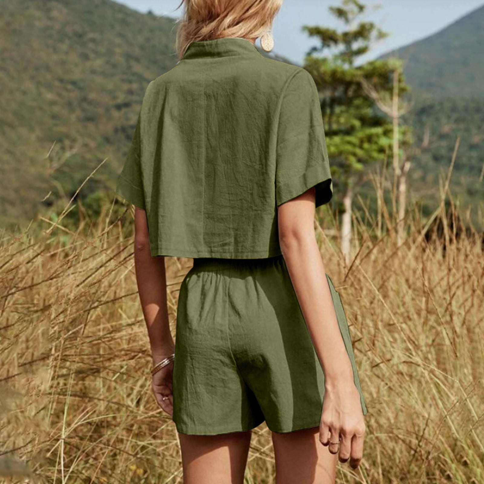 ZXHACSJ Women's Cotton Linen 2022 Summer Loose Solid Color Pocket Tops  Pants Set Green S