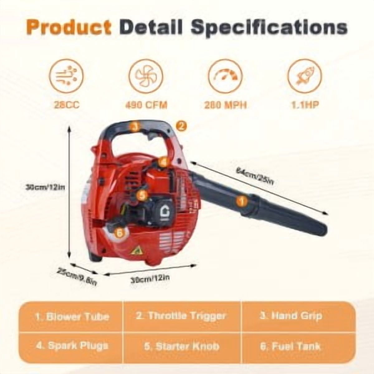 Acekid Cordless Gas Leaf Snow Blower 28CC 1-HP Leaf Blower Powerful Motor Battery PoweRed Blower For Snow 180-MPH Electric Leaf Blower For Lawn Care Red 490-CFM
