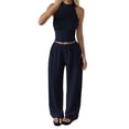 thumbnail image 2 of LEKWK Two Piece Sets for Women Sleeveless High Neck Pleated Tank Tops and Elastic Waist Wide Leg Pants Summer Fashion Casual Vacation Daily Wear, 2 of 7
