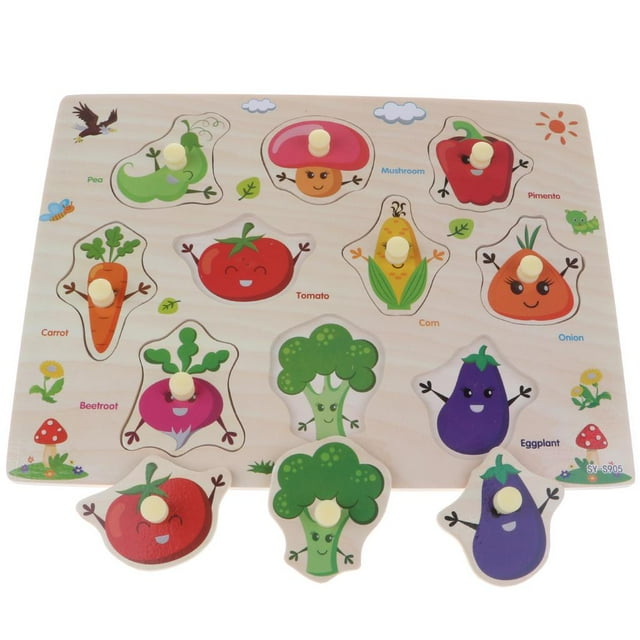 Juego de rompecabezas de madera para niños con frutas, verduras y animales.
