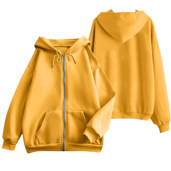 Women's Zip Up Hoodie Long Sleeve Casual Loose Sweatshirt Drawstring Hooded Jacket Front Kangaroo Pocket Lightweight Daily Layering Outerwear Yellow,S