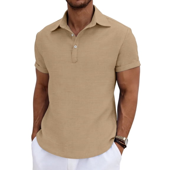 Mens Cotton Linen Lapel T-Shirts, Short Sleeve Shirts for Men Casual Lightweight Vintage Solid Color Button Up Dressy Blouses Summer Tops