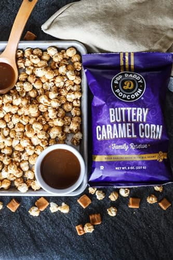 Pop Daddy Flavored Popcorn Gourmet, Buttery Caramel Flavor, Hand Seasoned Kernels Gluten Free Popcorn Snacks, 8oz Individual Bags, 3 Pack