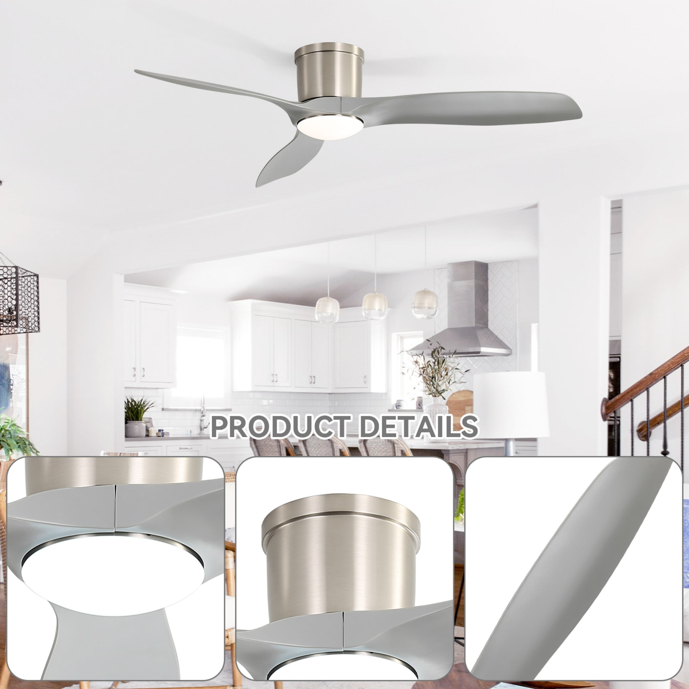 Sofucor 52-Inch Flush Mount Silver Ceiling Fan with Integrated LED Light and Remote Control,Smart Ceiling Fan and APP Control