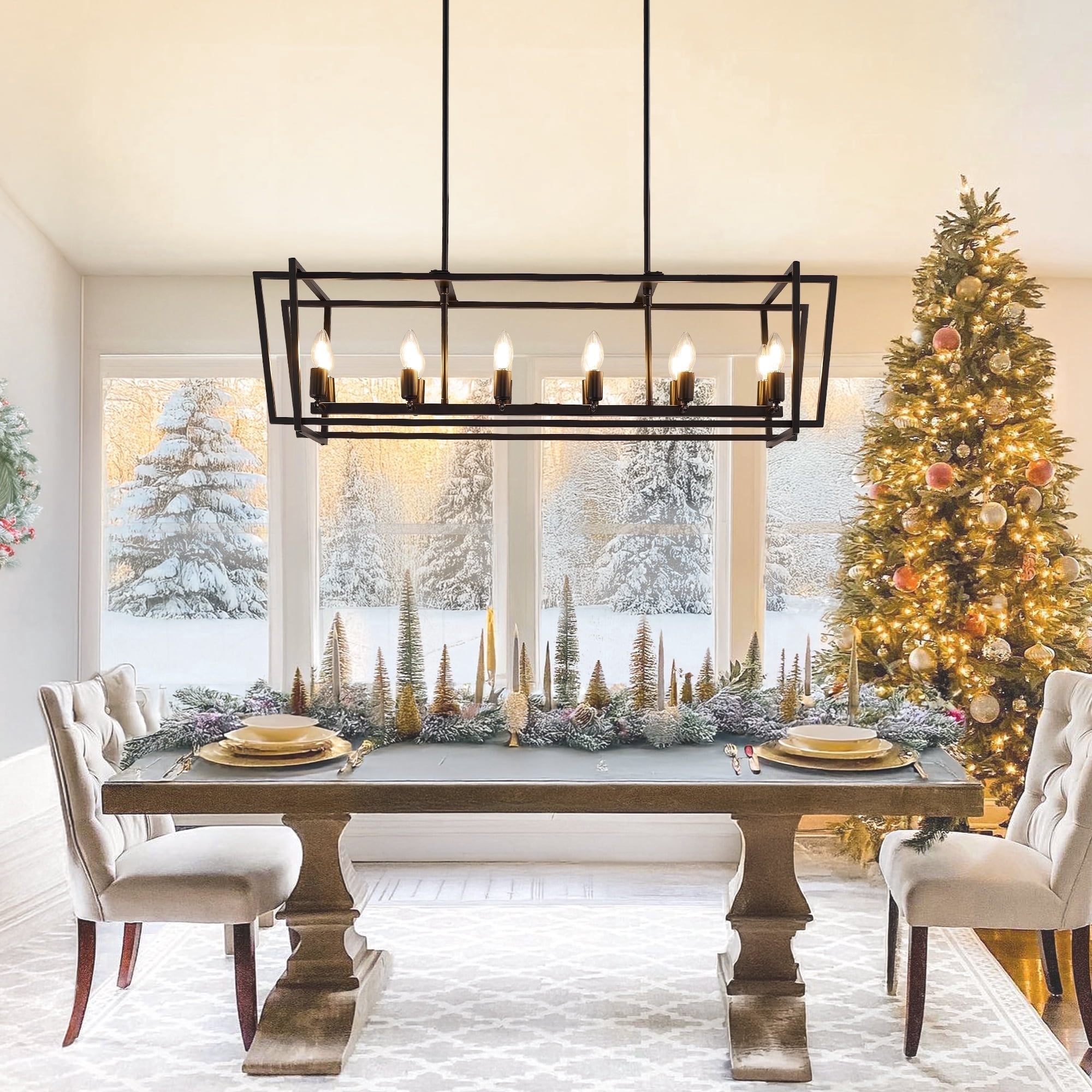 LovingAHome 8 Lights Rectangle Chandelier, Black Farmhouse Chandelier Light Fixture for Dining Room