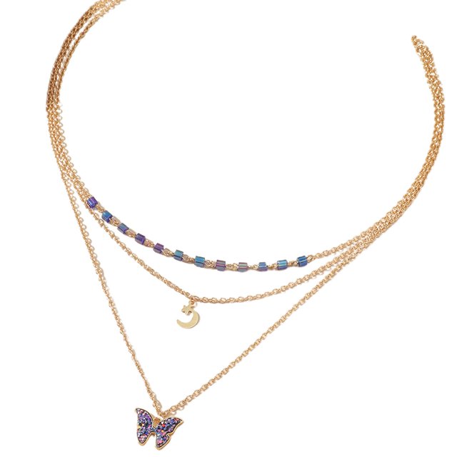 Femmes filles Collier multicouche: Perle Butterfly Charm Collier Pendentif Collier