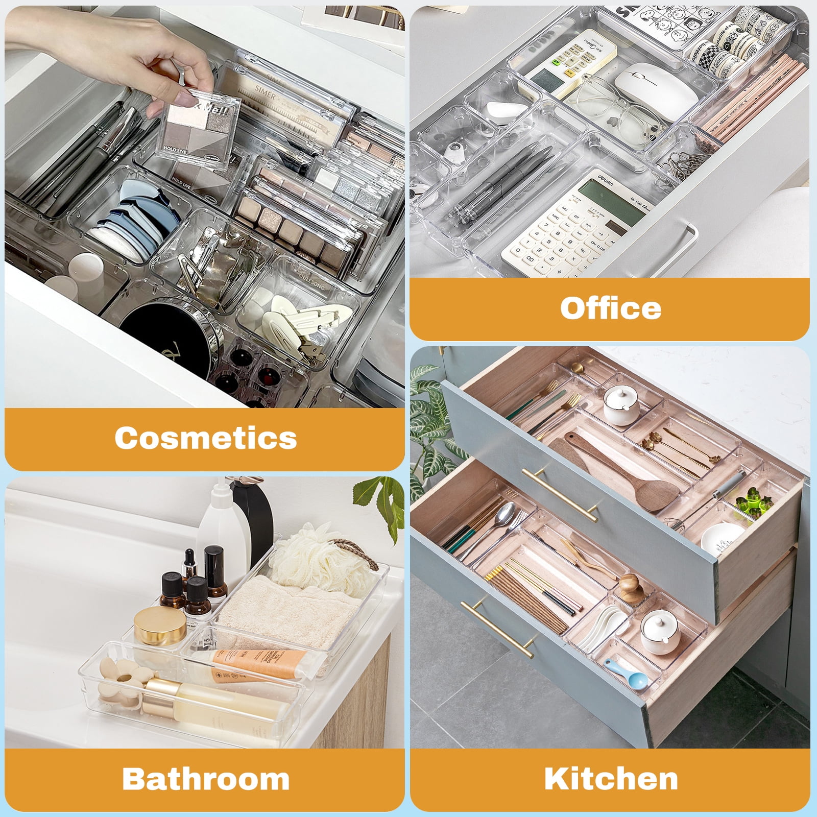 Lockways Drawer Organizer, 25Pcs Clear Plastic Makeup Drawer, 4 Sizes Vanity Organizer and Storage Bins for Makeup, Jewelry, Gadgets for Bathroom, Bedroom, Office