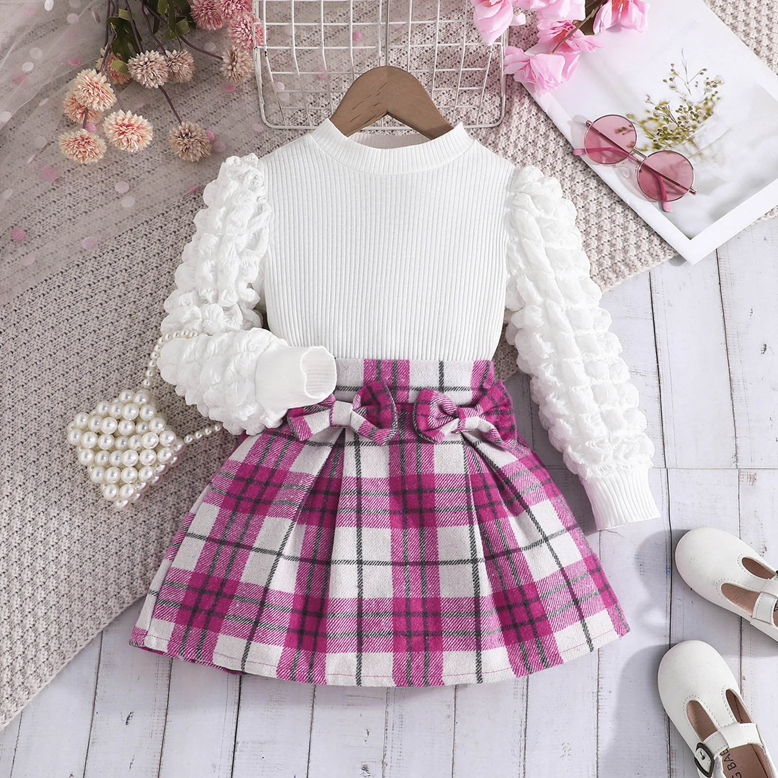 Toddler Fall Outfits Girls Kids Casual Long Sleeve Top Plaid Printed Bow Skirt 2 Piece Set Baby Girl Clothes Hot Pink 7 Years-8 Years