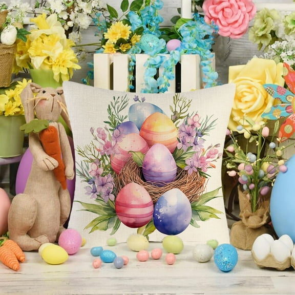 TOPRenddon Happy Easter Hunny Bunny Throw Pillow Covers, 18 x 18 Inch Easter Eggs Bunny Spring Cushion Case for Sofa Couch