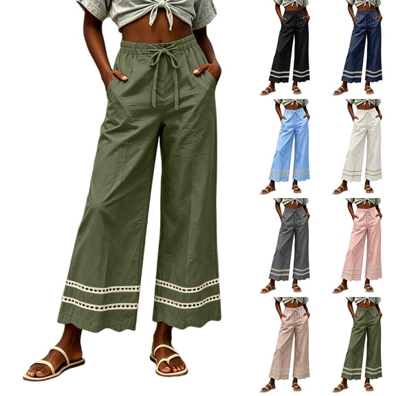 Tqcoqu Women's Wide Leg Cropped Pants,Eyelet Embroidered Hem Drawstring Elastic Waist Trendy Loose Pants,Army Green Women's S-XXL