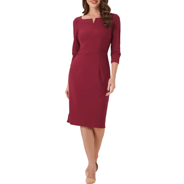 Vestido Midi de Trabajo para Mujeres INSPIRE CHIC con Cuello en V y Manga 3/4 en Color Rojo Vino