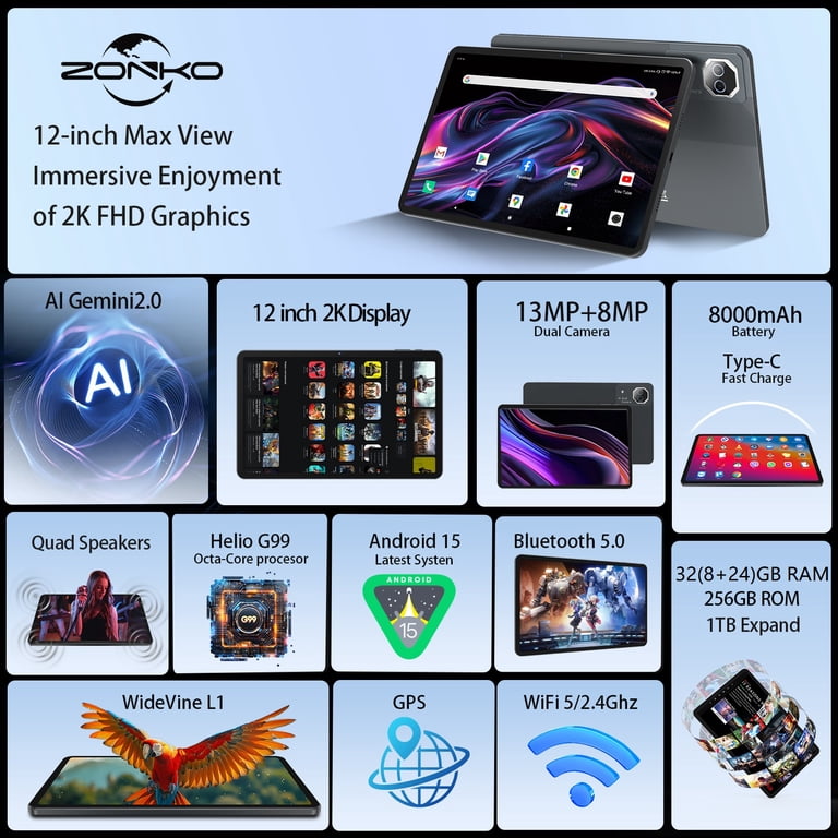 12 inch Tablet,Android 15 Tablets with 256GB ROM,Helio G99 Octa