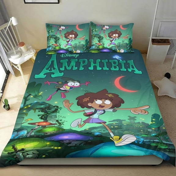 Cartoon 3 Piece Bedding Set Amphibia Comforter Set Cute Duvet Cover Sets Super Soft Girls Bedding Set Kids Bedroom Gifts,1 Duvet Cover with 2 Pillowcases Twin