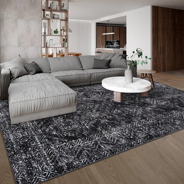 9x12 Washable Area Rug - Vintage Black Geometric, Non-Slip, Non-Shedding & Stain Resistant for Living Room, Bedroom, Dining Room & Nursery