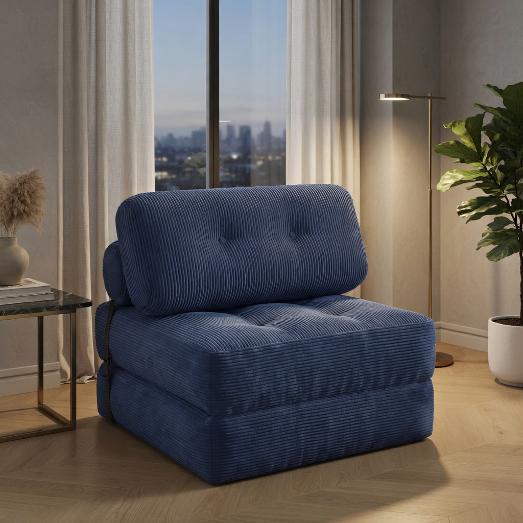 Hommoo Convertible Corduroy Folding Sofa Bed, 3-in-1 Living Room Sleeper with Back Support & Pillow, Navy Blue