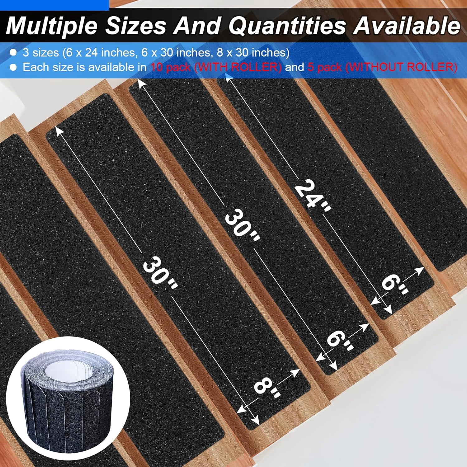 Outdoor Stair Treads Non-Slip Step Strips for Wooden Steps 5 Pack 6” x 30” Anti Slip Grip Tape Precut for Outside Stairs, Non Skid Stair Tread Mats Weather Resistant for Outdoors, Black