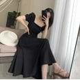 thumbnail image 4 of CAROOTU Robe Noire à Manches Bouffantes Style Hepburn pour Femmes Robe à Manches Courtes Col Carré, 4 of 5