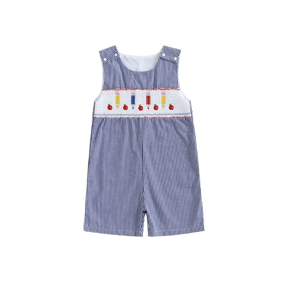 Rovasas Boy Back to School Romper Pencil Embroidery Plaid Round Neck Jumpsuit