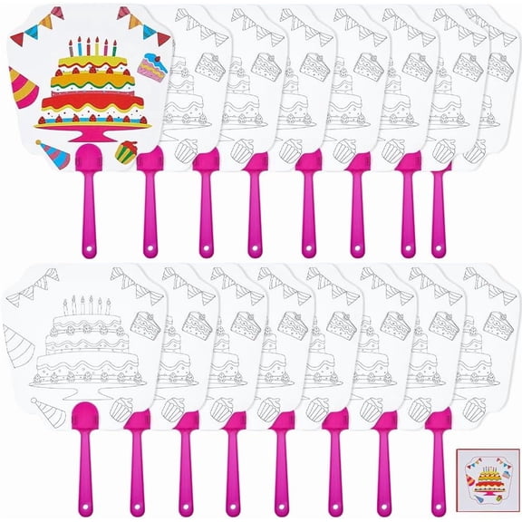 16Pcs White Paper Handheld Fan Cake Food Dessert Bunting Birthday Hats Celebration Pattern One Side Blank Hand Held Fans with Plastic Handle for DIY handcrafting