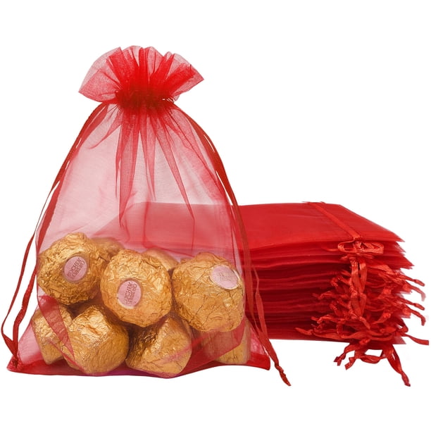 Bolsas de regalo Jexila de organza con cordón, 100 unidades, color rojo, 13 x 18 cm