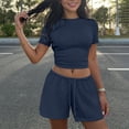 thumbnail image 5 of Bloomae Two Piece Jogger Sets for Women Summer Crew Neck Lounge Short Sets Short Sleeve Crop Tops and Drawstring Elastic Waist Short Pants Vacation Outfits with Pocket Navy XL, 5 of 7