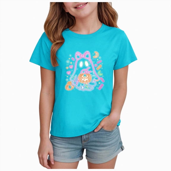 xaweyi Trendy Kids Girls Halloween T Shirt Crew Neck Short Sleeve Ghost Pumpkin Cartoon Print Top