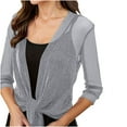 thumbnail image 5 of qolati Womens Glitter Sheer Shrug Elegant 3/4 Sleeve Tie Front Cropped Cardigans Party Lightweight Mesh Bolero Shrugs Gray M, 5 of 7