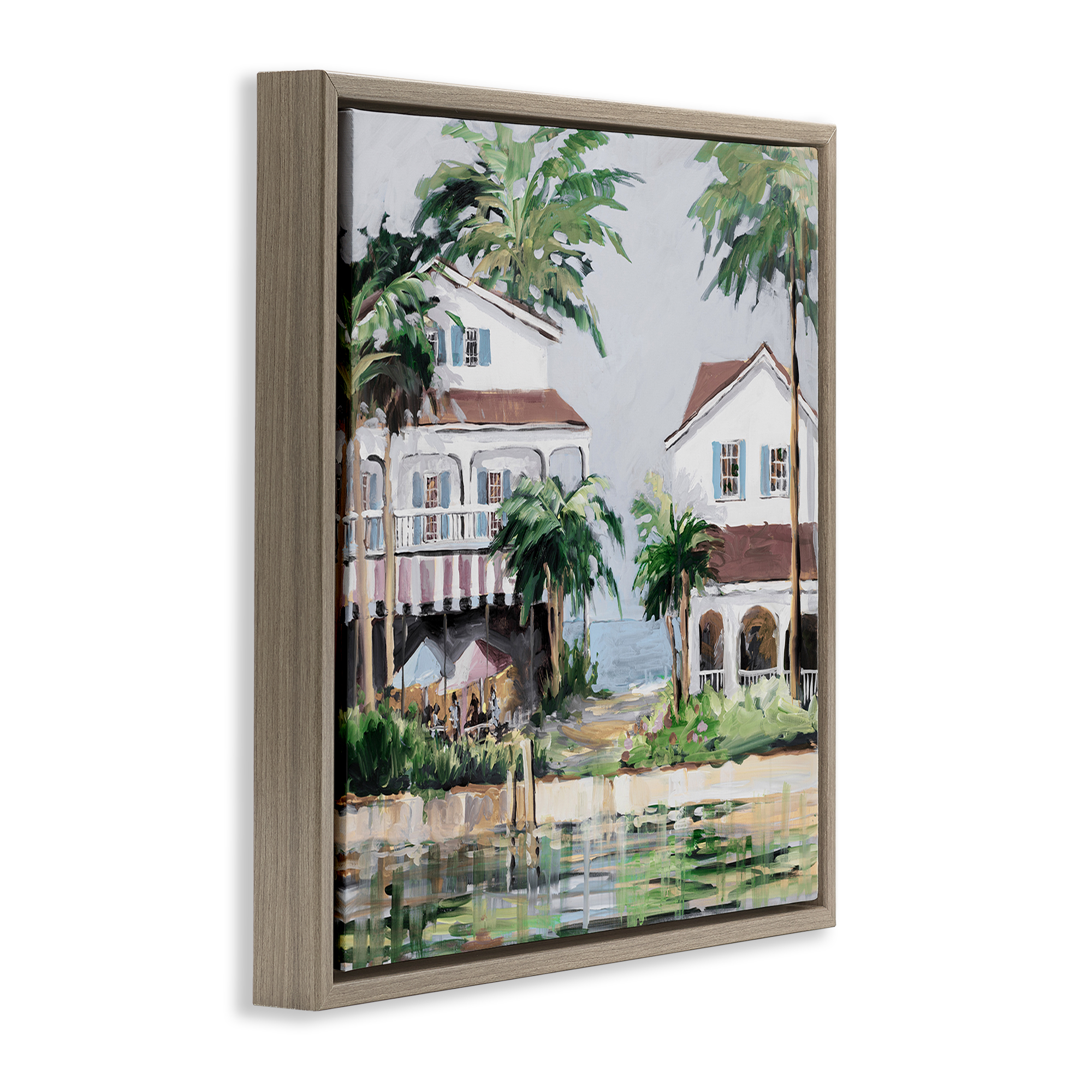 Stupell Industries Coastal Bay Cottages Coastal Painting Brown Floater Framed Canvas Art Print Wall Art, 18 x 18