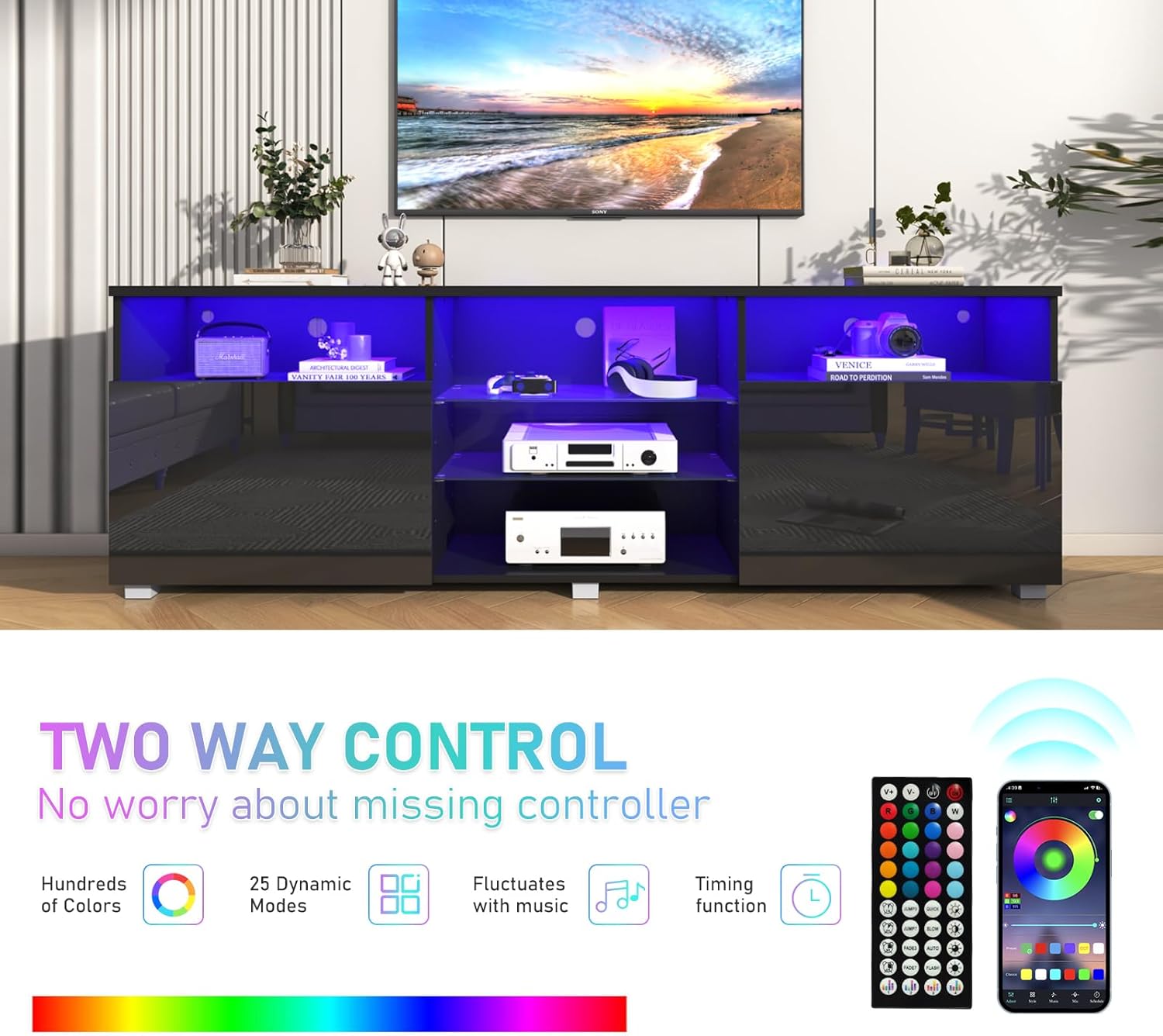 ChVans LED TV Stand for 70/75/80 inch, High Glass Modern Entertainment Center with LED Lights and Glossy Cabinets