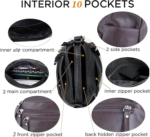 10 Pockets Crossbody Purses for Women Medium Pocketbooks Lightweight Ladies Satchel Bag Multi Pocket Shoulder Handbag