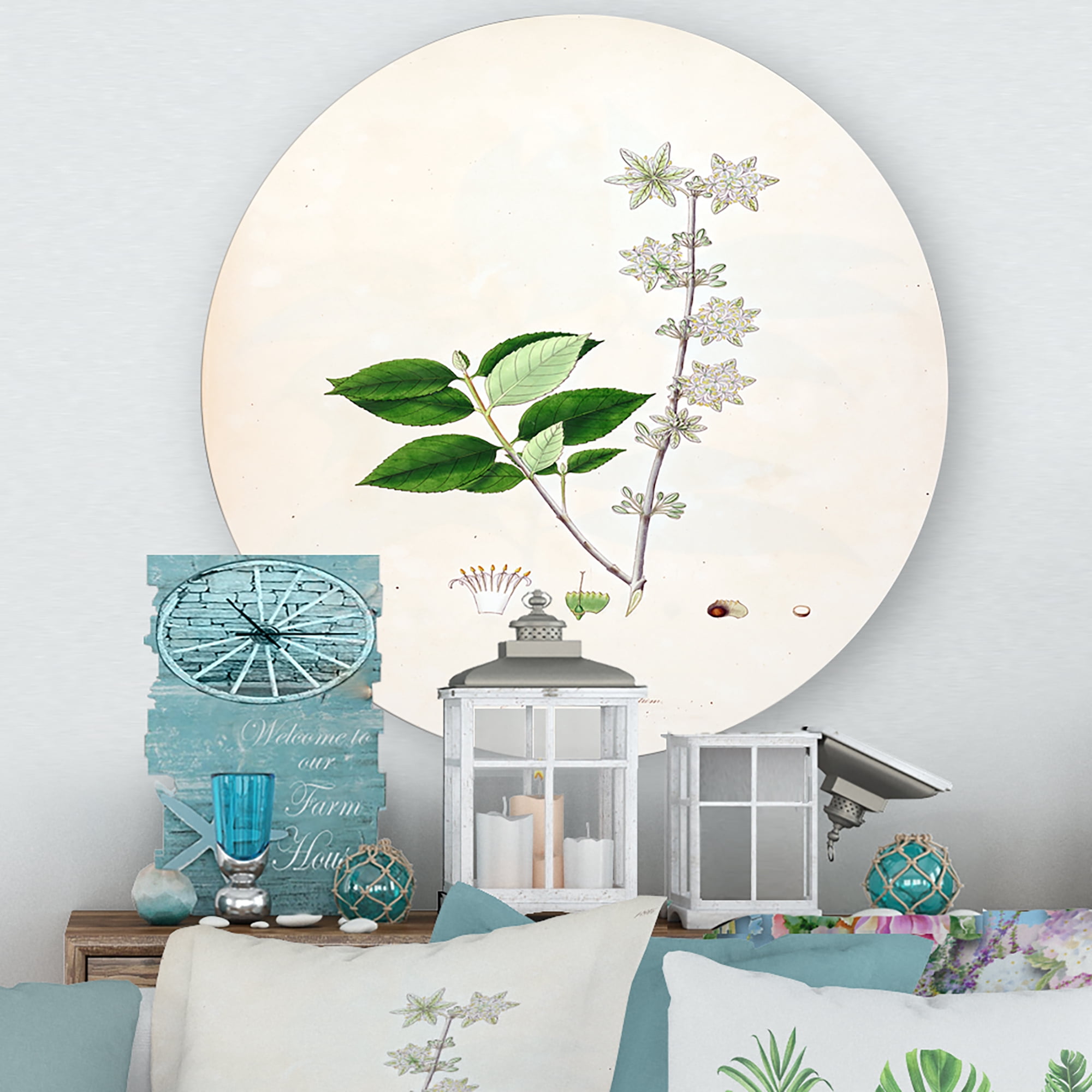 Designart 'Ancient Botanicals XV' Farmhouse Circle Metal Wall Art 23x23 - Disc of 23