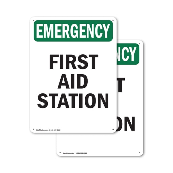 (2 Pack) First Aid Station OSHA Emergency Sign 7 Inch X 10 Inch Plastic Sign, Weather Resistant, UV Protected for Workplace, Business, and Construction Site, Made in the USA