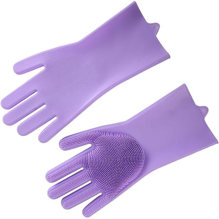 Purple Silicone Dishwashing Sponge Gloves for Kitchen - Reusable Rubber Cleaning Gloves with Built-in Scrubber, Perfect for Housework, Car, Bathroom, Clothes, and Pet Cleaning