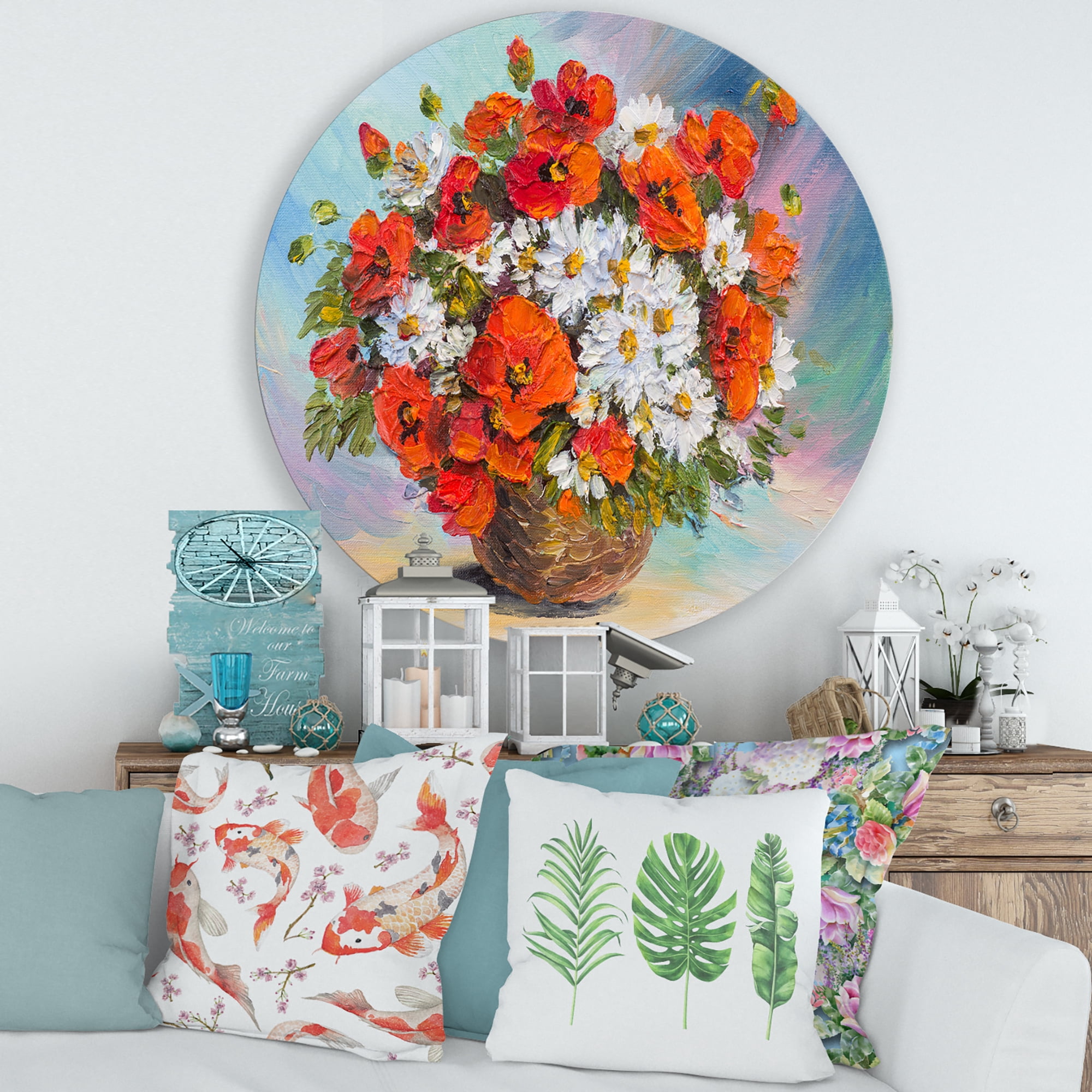 Designart 'Still Life Bouquet Of Daisies and Poppies' Traditional Circle Metal Wall Art 36x36 - Disc of 36