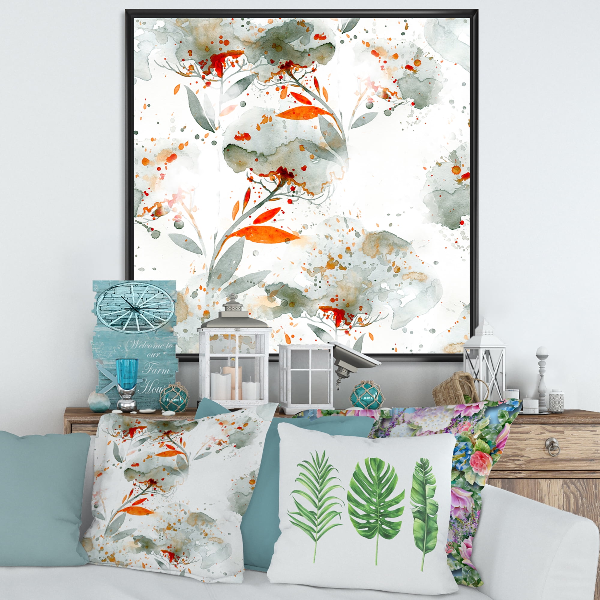 Designart 'Orange and Green Wildflowers I' Modern Framed Canvas Wall Art Print