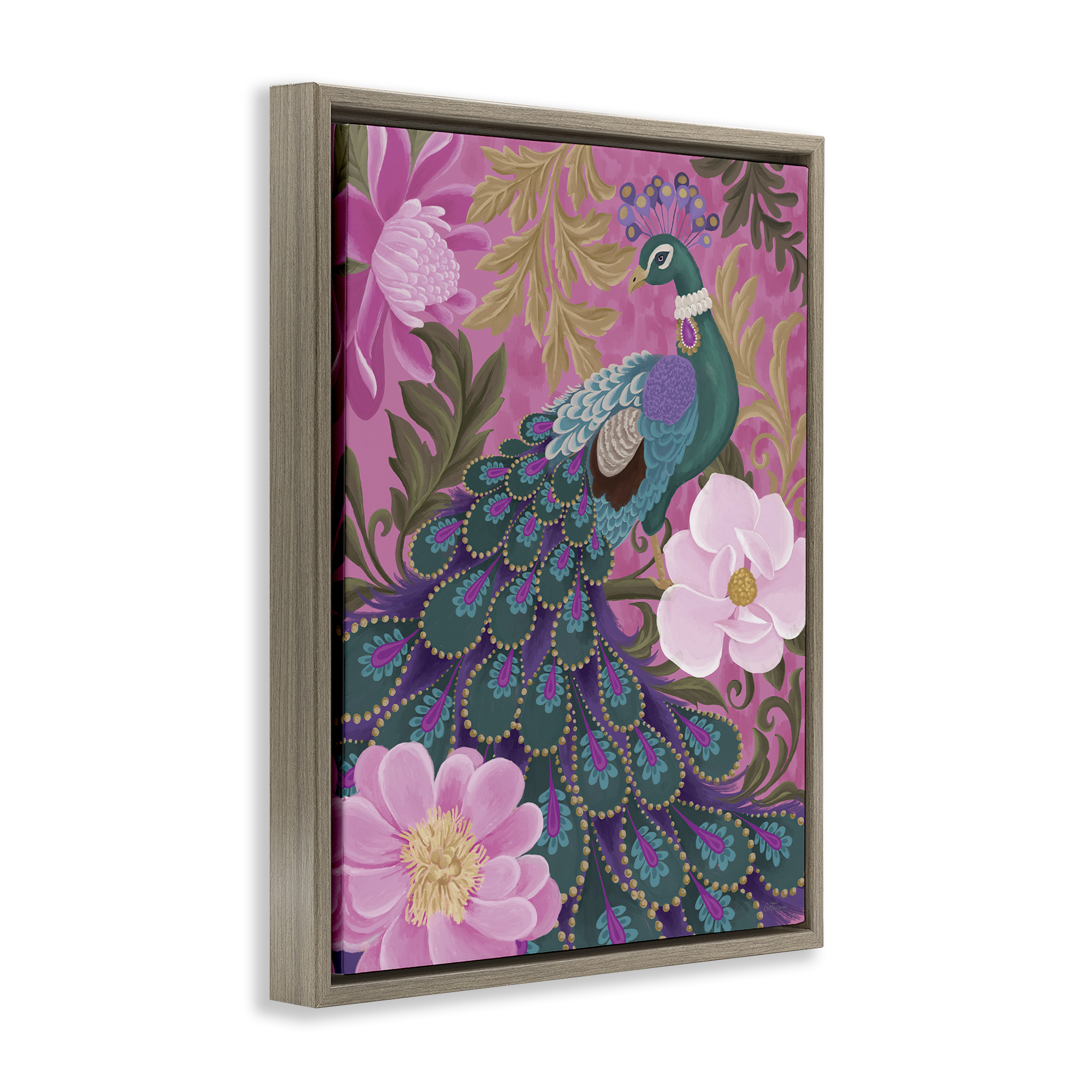 Stupell Industries Peacock & Pink Blossoms Animals & Insects Painting Brown Floater Framed Canvas Art Print Wall Art, 17 x 21