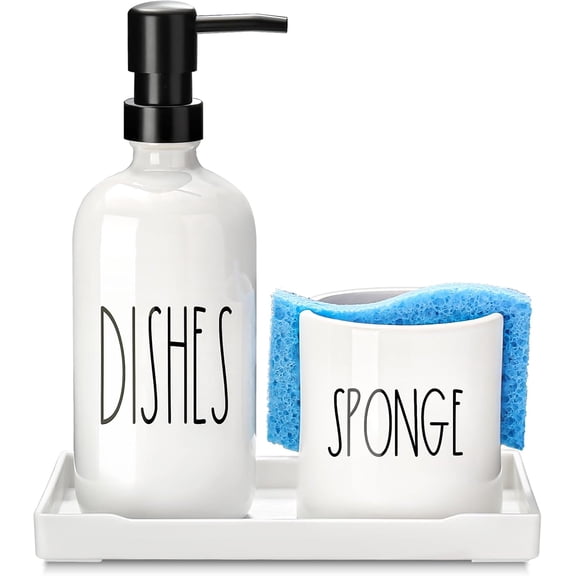 GM GMISUN Dish Soap Dispenser for Kitchen, Ceramic Dish Soap Dispenser with Sponge Holder, White Dispenser Set with Tray