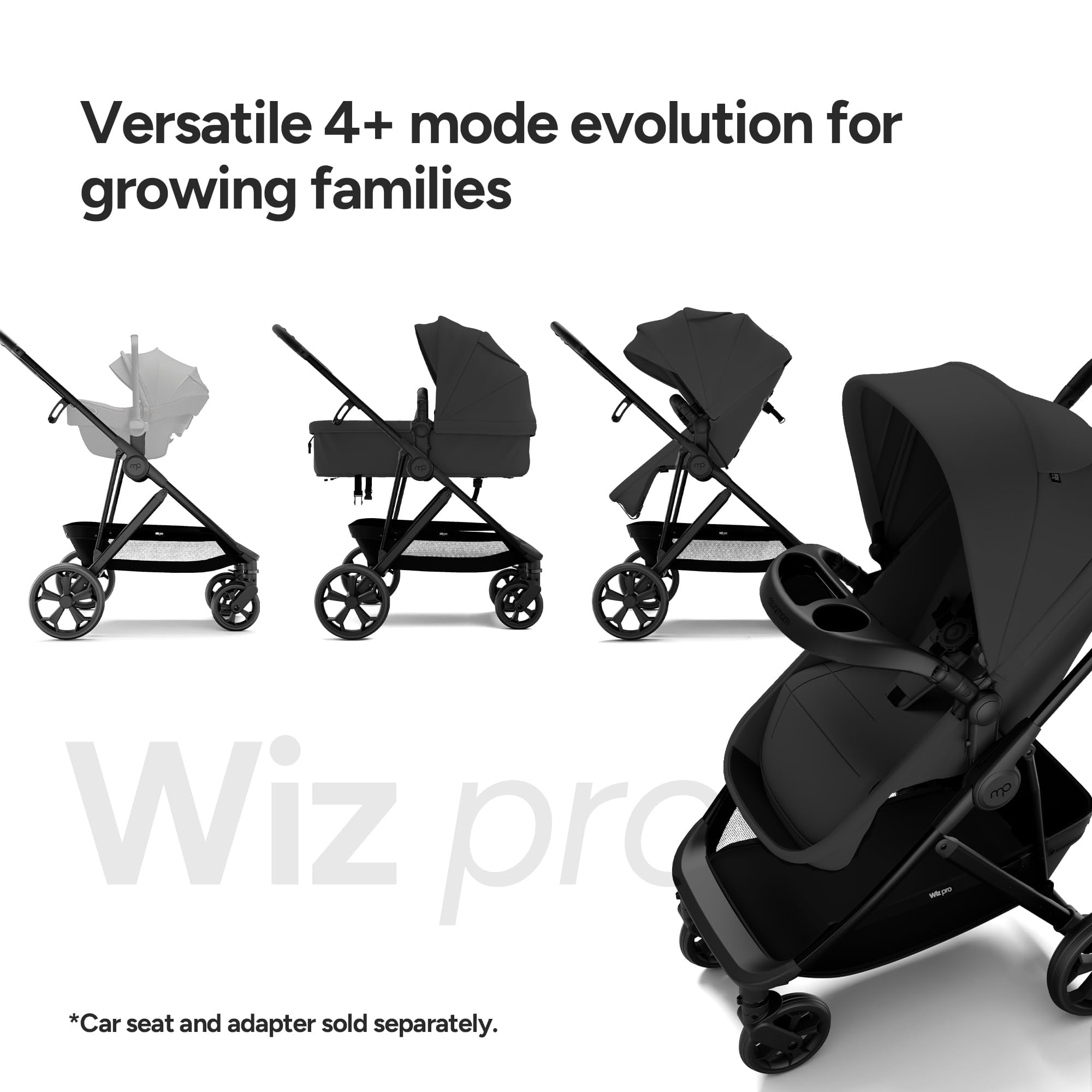 Mompush Wiz Pro 2-in-1 Baby Stroller with Bassinet Mode, Full-Size All-Terrain Premium Stroller from Newborn to Toddler, Black, 23.8LB, Unisex